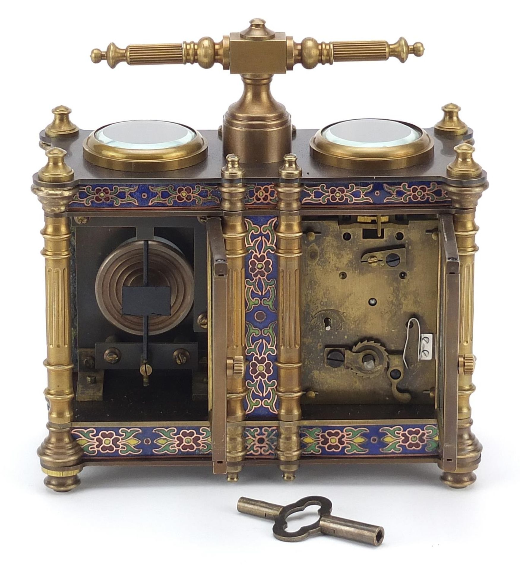 Champlevé enamel brass cased travelling timepiece with clock and barometer, 13cm wide The clock - Image 3 of 4