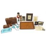 Sundry items to include set of six Bakelite knives with stand, enamel dressing table set, oak