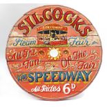 Silcock's steam fair painted wood advertising sign, 91cm in diameter