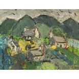 Cottages before mountains, Welsh school impasto oil on board, mounted and framed, 44cm x 33.5cm