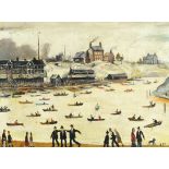 After Laurence Stephen Lowry - Figures in boats before buildings, Manchester school oil on board,