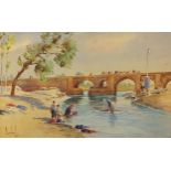 Sumbat Kureghian - River scene with camels and figures, Iranian heightened watercolour on card,