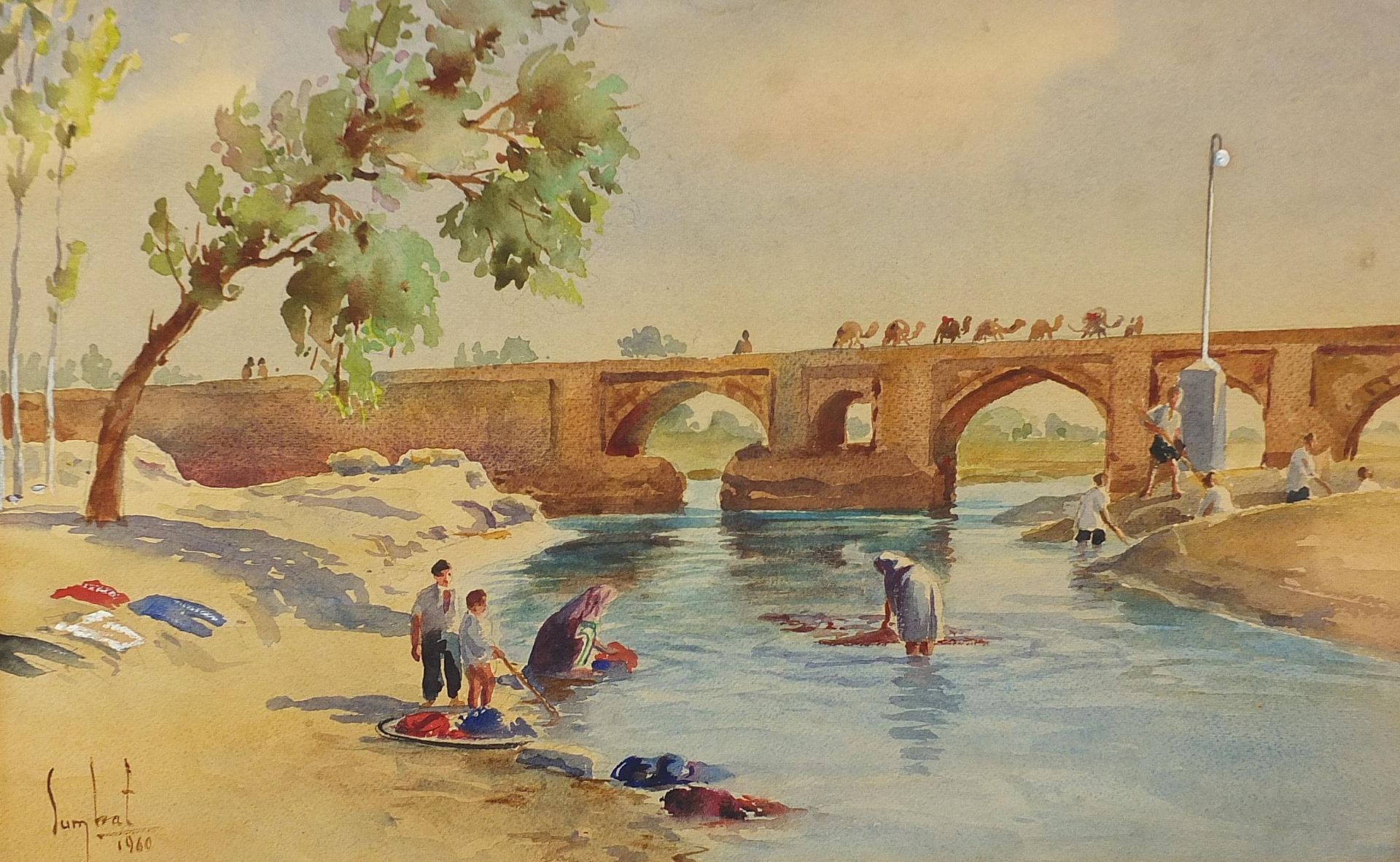 Sumbat Kureghian - River scene with camels and figures, Iranian heightened watercolour on card,