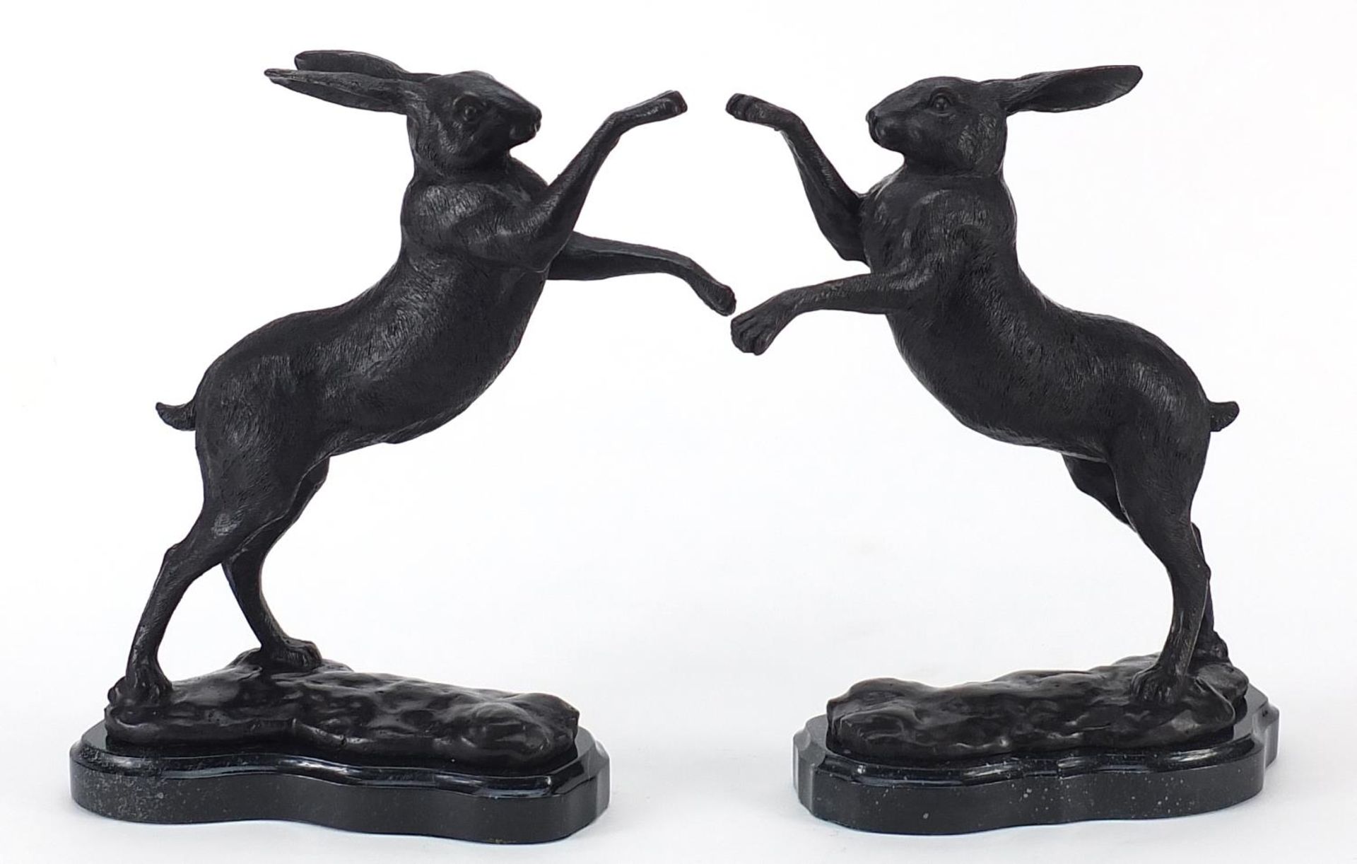 Pair of patinated bronze boxing hares raised on shaped marble bases, 29cm high Overall in