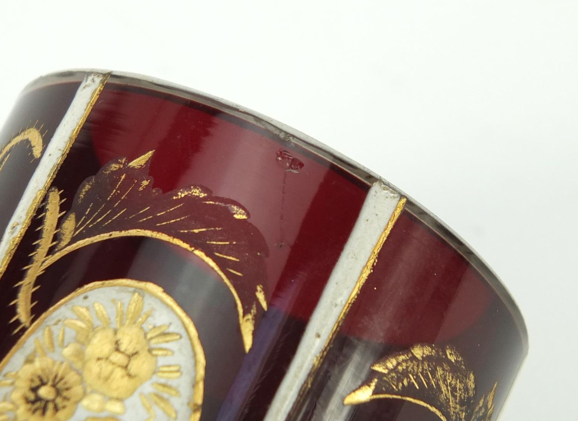 Bohemian ruby glass vase, gilded with flowers and thistles, 7.5cm high There are a few small chips - Image 8 of 8
