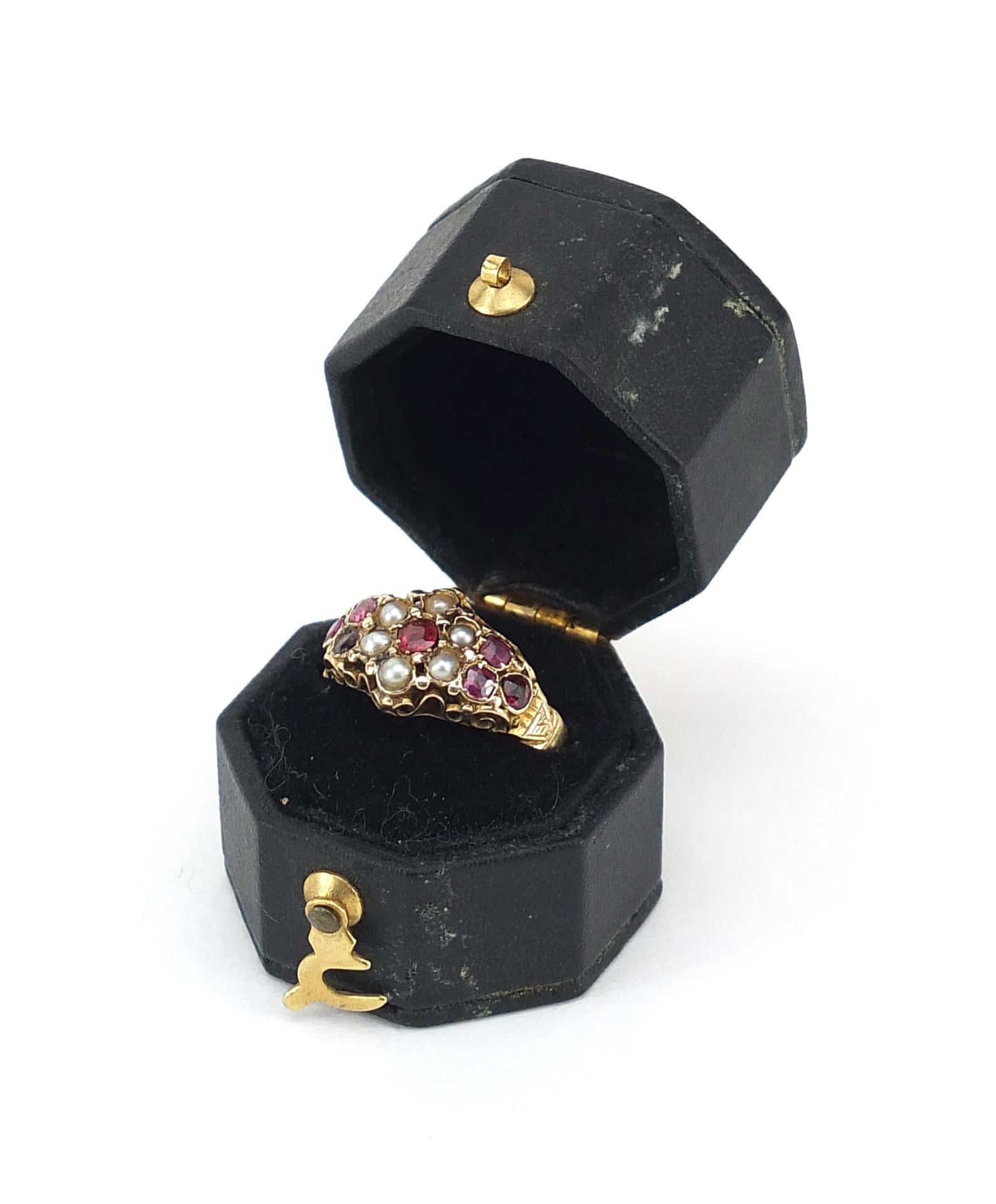 Antique gold ruby, pink stone and seed pearl ring, indistinct marks, size M, 2.2g - Image 5 of 6
