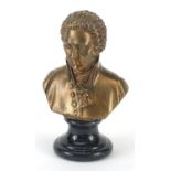 Patinated bronze bust of Mozart raised on a marble base, 15cm high