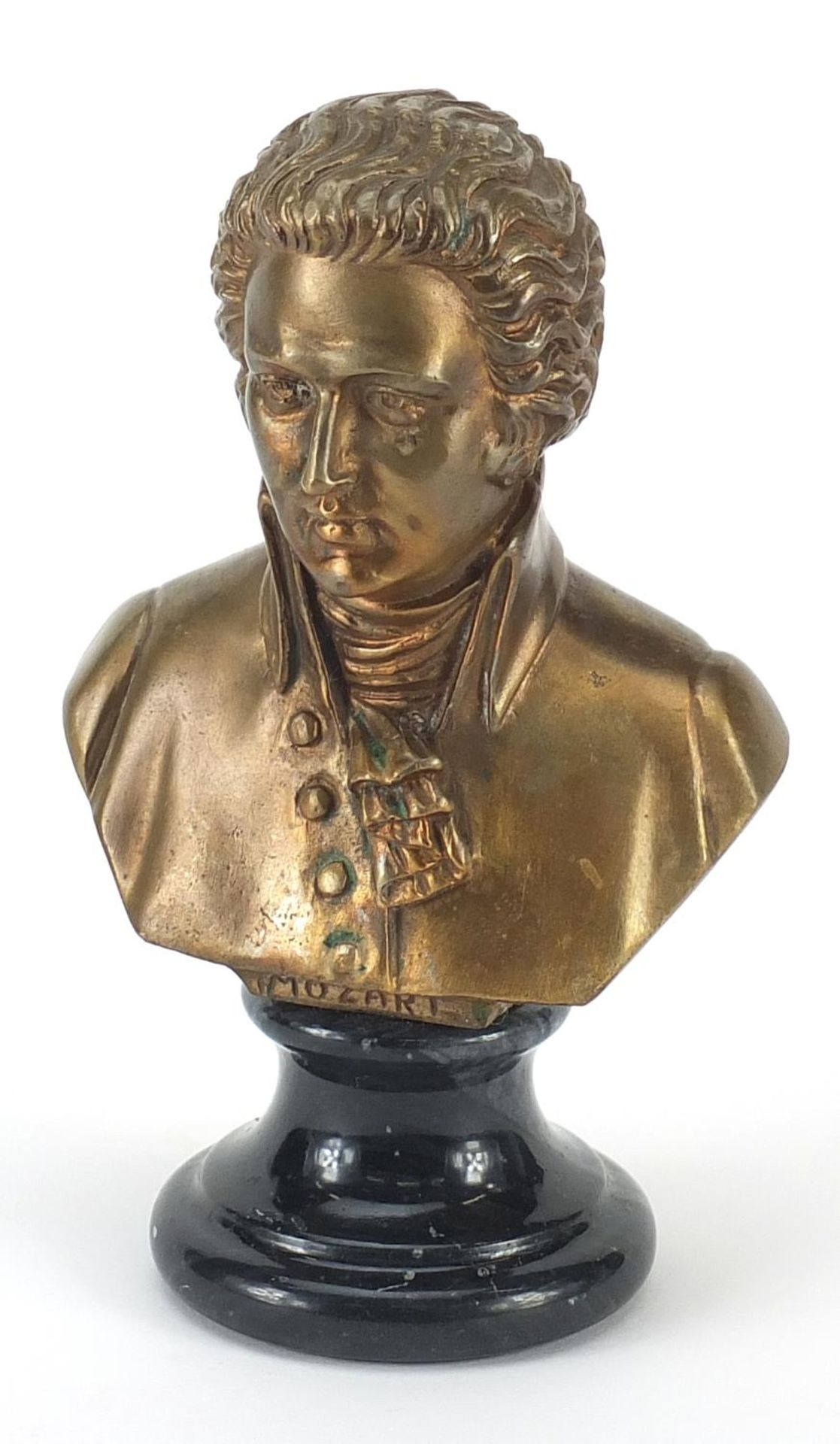 Patinated bronze bust of Mozart raised on a marble base, 15cm high