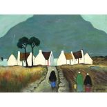 Manner of Markey Robinson - Figures before cottages and mountains, Irish school oil on board,