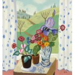 Still life flowers before a landscape, modern British oil on Masonite, framed, 49cm x 46cm excluding