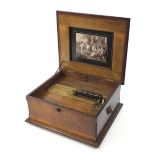 19th century inlaid walnut Polyphon music box, 24cm H x 53.5cm W x 47cm D