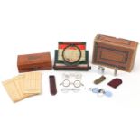 Objects including a leather bridge box with applied silver lettering, Simplex typewriter with box