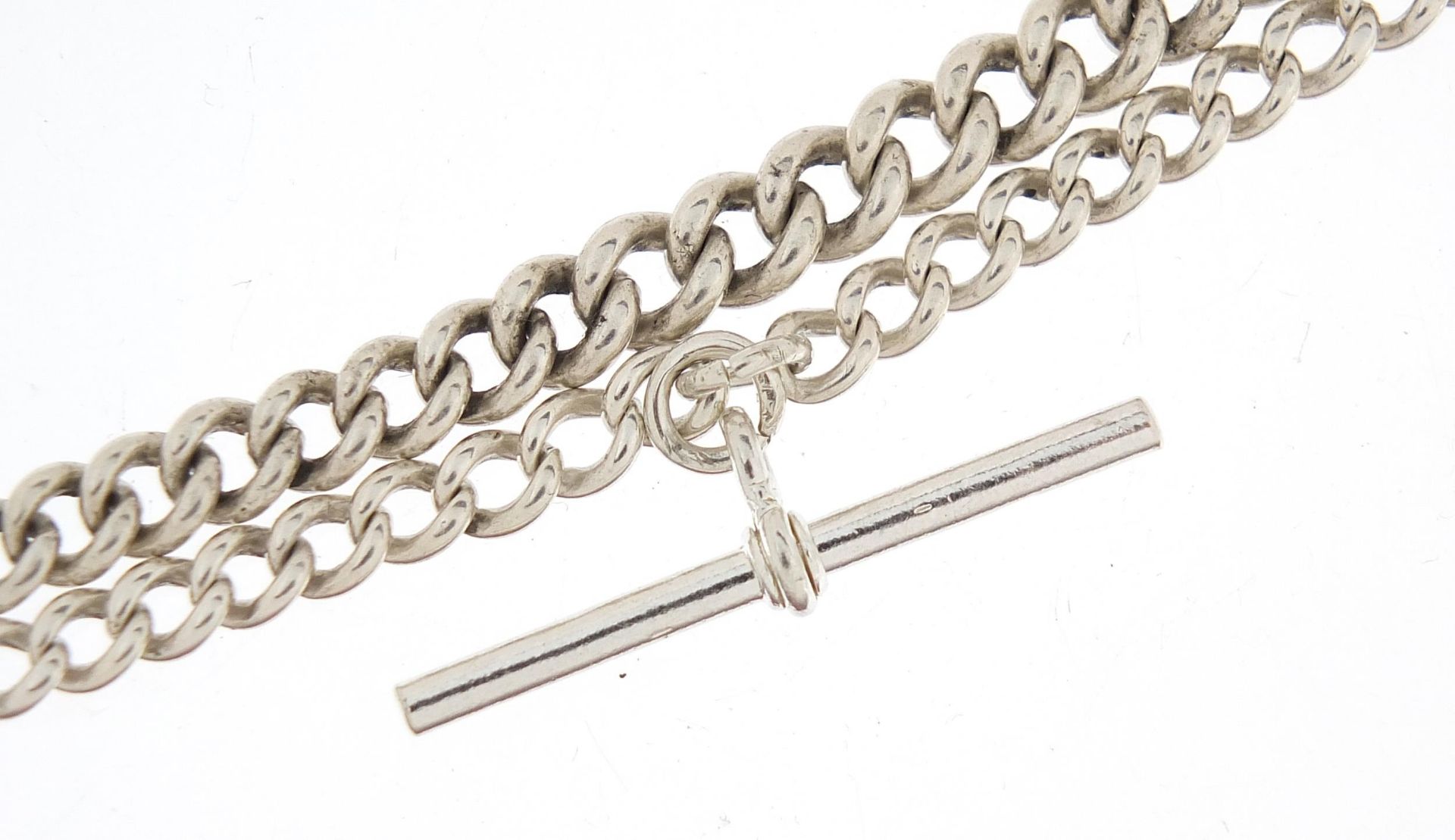 Graduated silver watch chain with T bar, 39cm in length, 40.4g