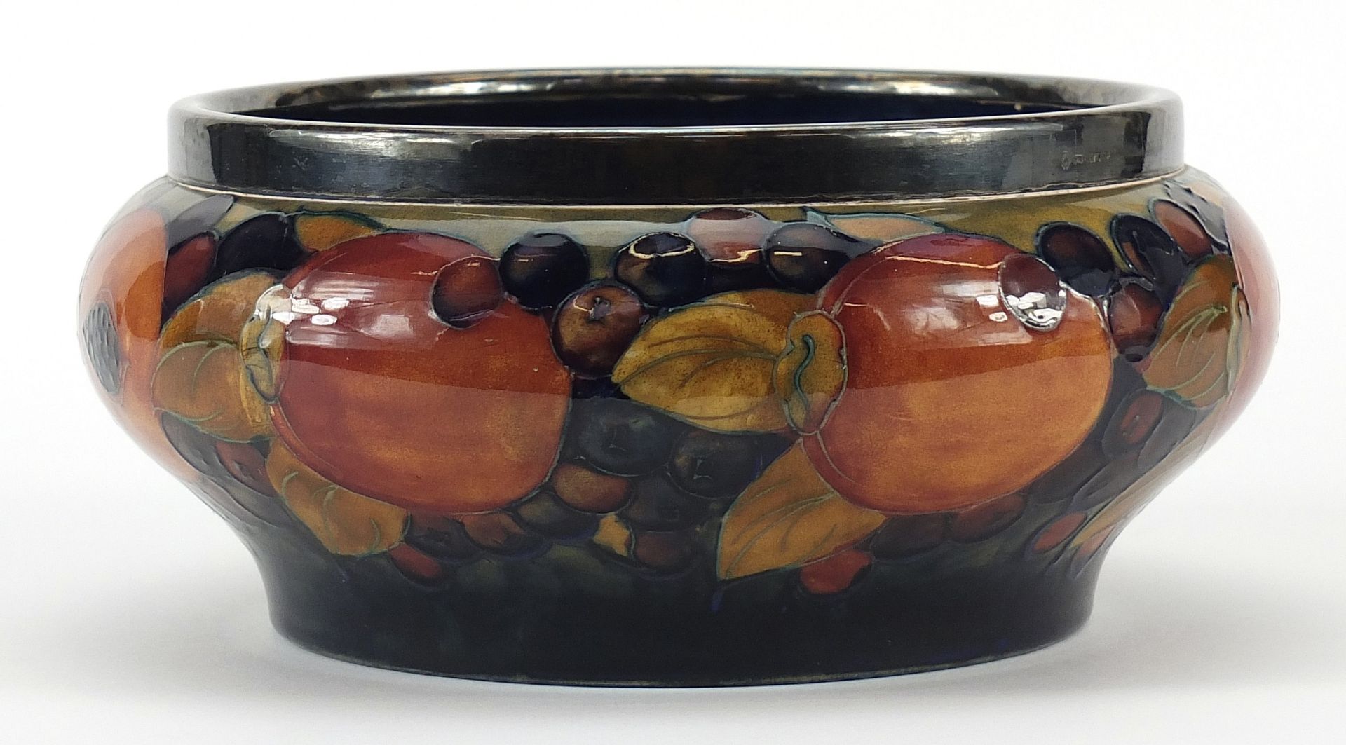 William Moorcroft pottery bowl with silver plated rim hand painted with flowers, 21cm in diameter - Image 2 of 3