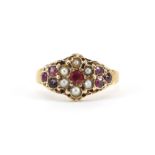 Antique gold ruby, pink stone and seed pearl ring, indistinct marks, size M, 2.2g