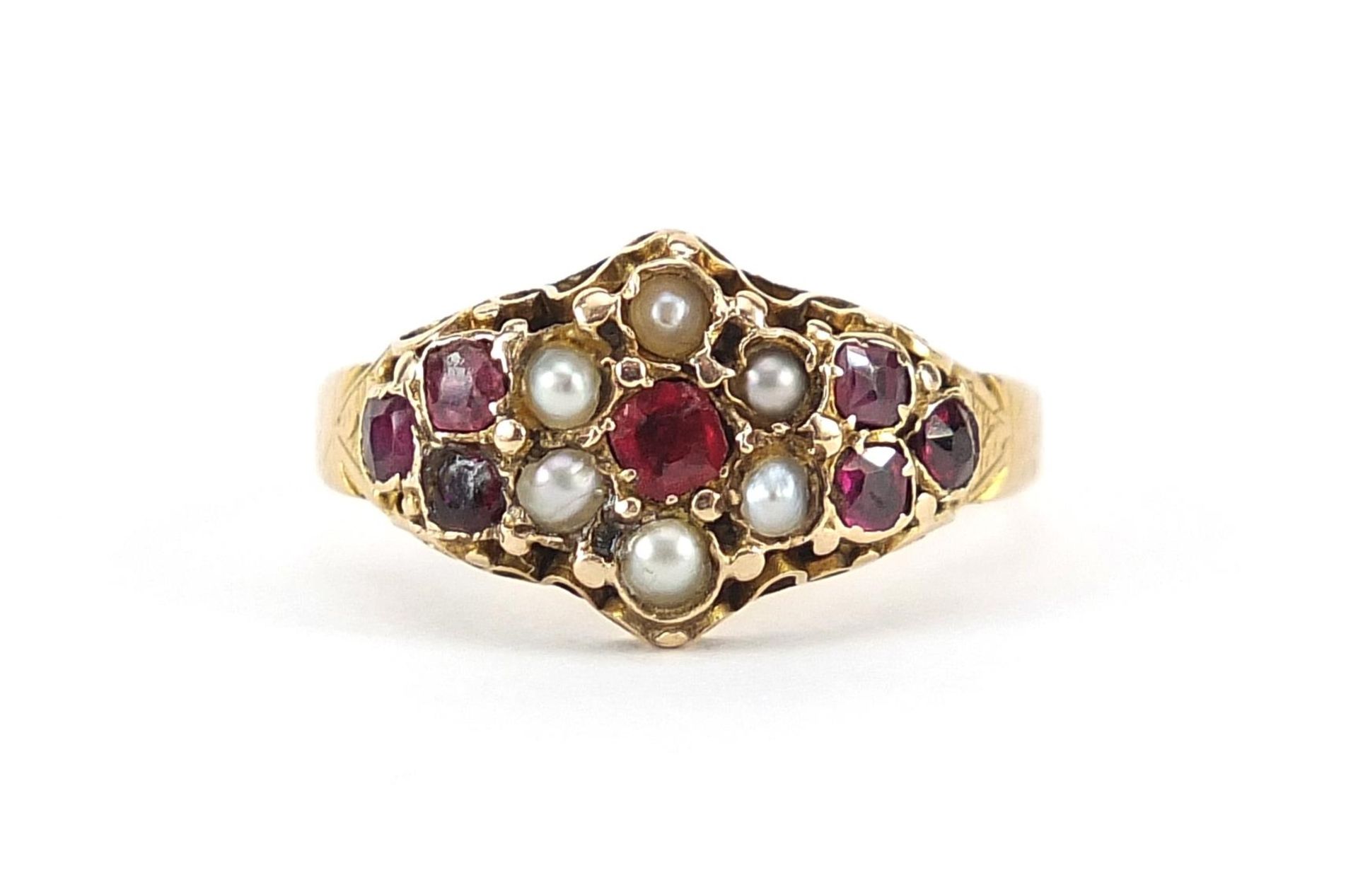 Antique gold ruby, pink stone and seed pearl ring, indistinct marks, size M, 2.2g