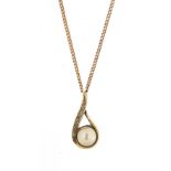 9ct gold cultured pearl and diamond pendant on a 9ct gold necklace, 1.6cm high and 42cm in length,