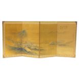 Chinese four fold silk screen hand painted with a fisherman in a river landscape, signed with