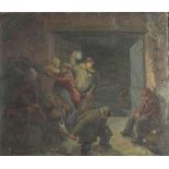 Figures in a barn, oil on canvas, portrait of a female verso, framed, 58cm x 49.5cm excluding the
