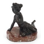 Patinated bronze semi nude figurine raised on a marble base, 14cm high Overall in generally good