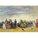 Manner of Eugene Boudin - Figures and dogs on a beach, French Impressionist oil on board, mounted