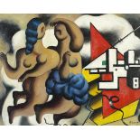 Manner of Fernand Leger - Abstract composition with two females, French school oil on board, mounted