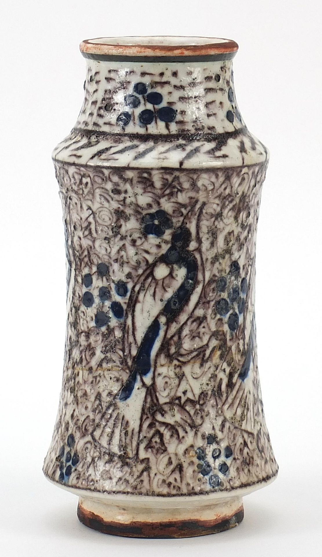 Turkish Iznik Alberello hand painted with birds amongst flowers, 23.5cm high Overall in generally