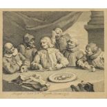 After William Hogarth - Columbus breaking the eggs, 18th century engraving, mounted, framed and