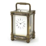 Large 19th century silver plated and brass repeating carriage clock with enamelled dial having Roman