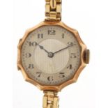 Vintage ladies 9ct gold wristwatch with gold plated strap, housed in a James Walker Ltd fitted