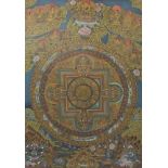 Tibetan thangka hand painted with deities and animals, mounted, framed and glazed, 75cm x 52cm