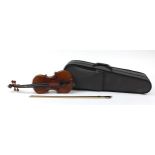 Child's violin with bow and case with Sandner paper label, the back 32cm in length