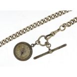 Silver watch chain with T-bar and a Victorian silver compass fob, 40cm in length, 57.4g