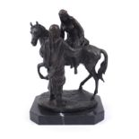 Large patinated bronze study of a Arab gentleman attending a lady, raised on a black marble base,