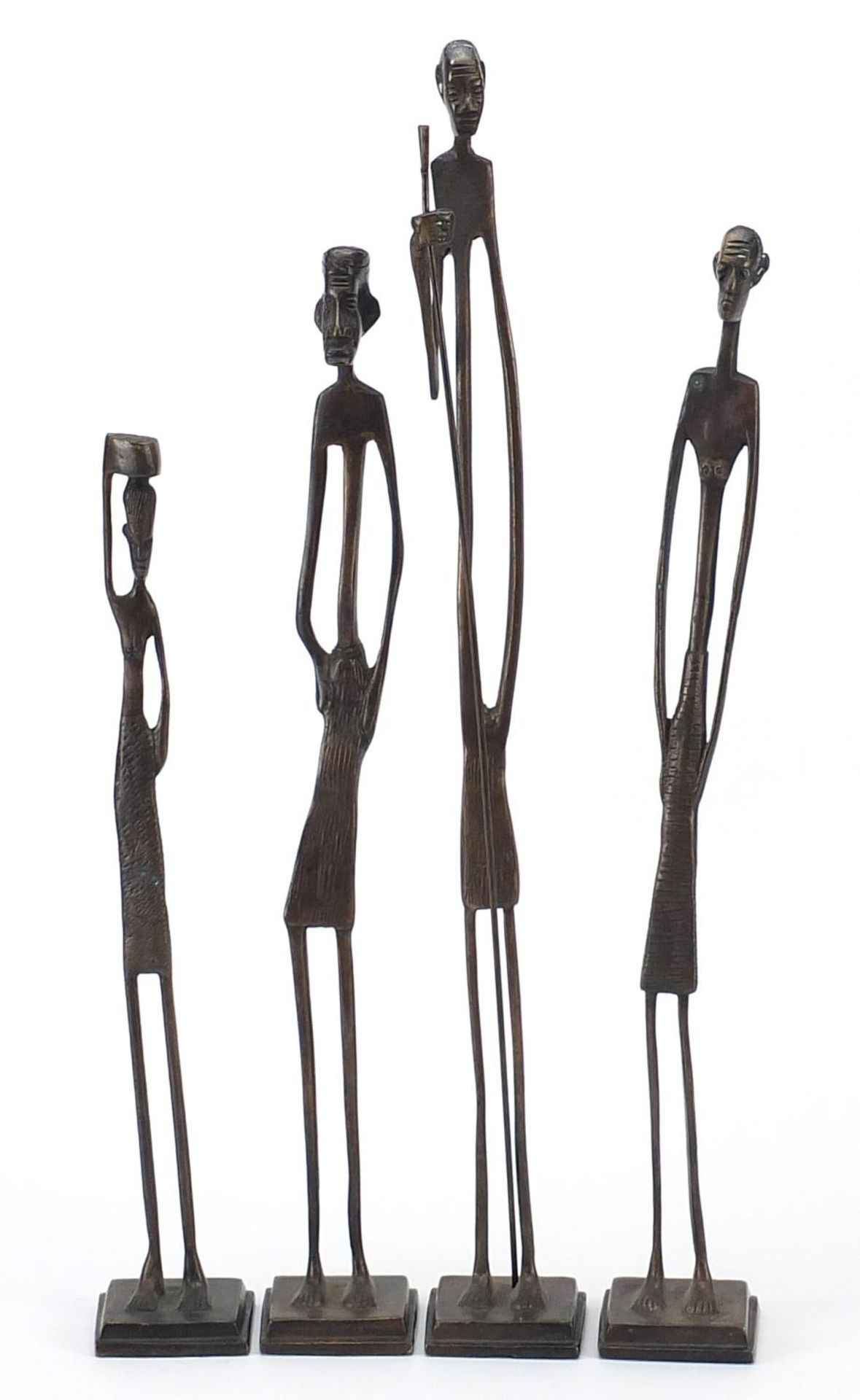 Four Modernist patinated bronze studies of African tribes people, the largest 51cm high