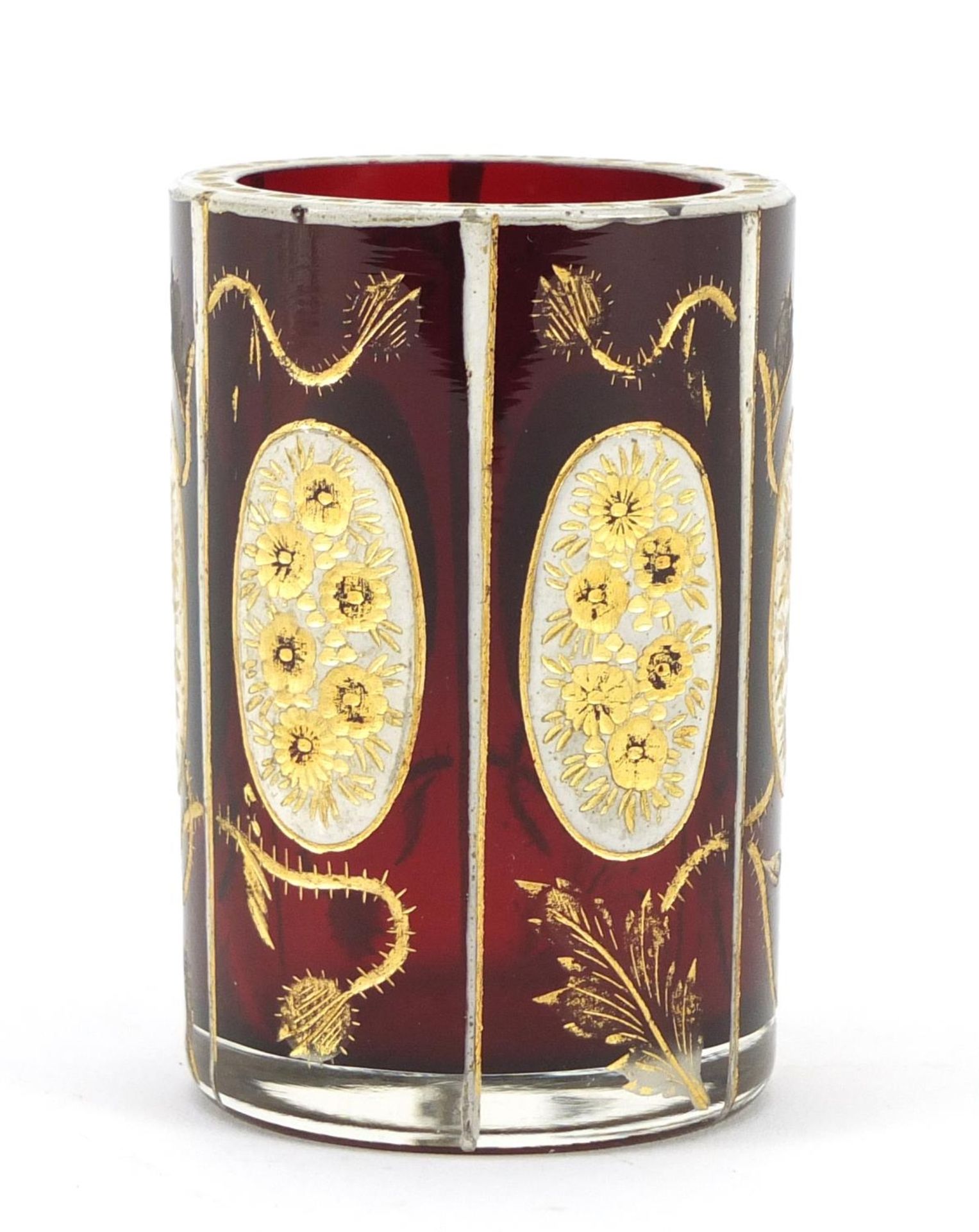Bohemian ruby glass vase, gilded with flowers and thistles, 7.5cm high There are a few small chips - Image 2 of 8