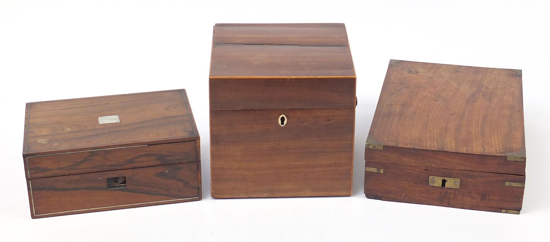 Woodenware comprising rosewood box and a military interest campaign style travelling writing box,