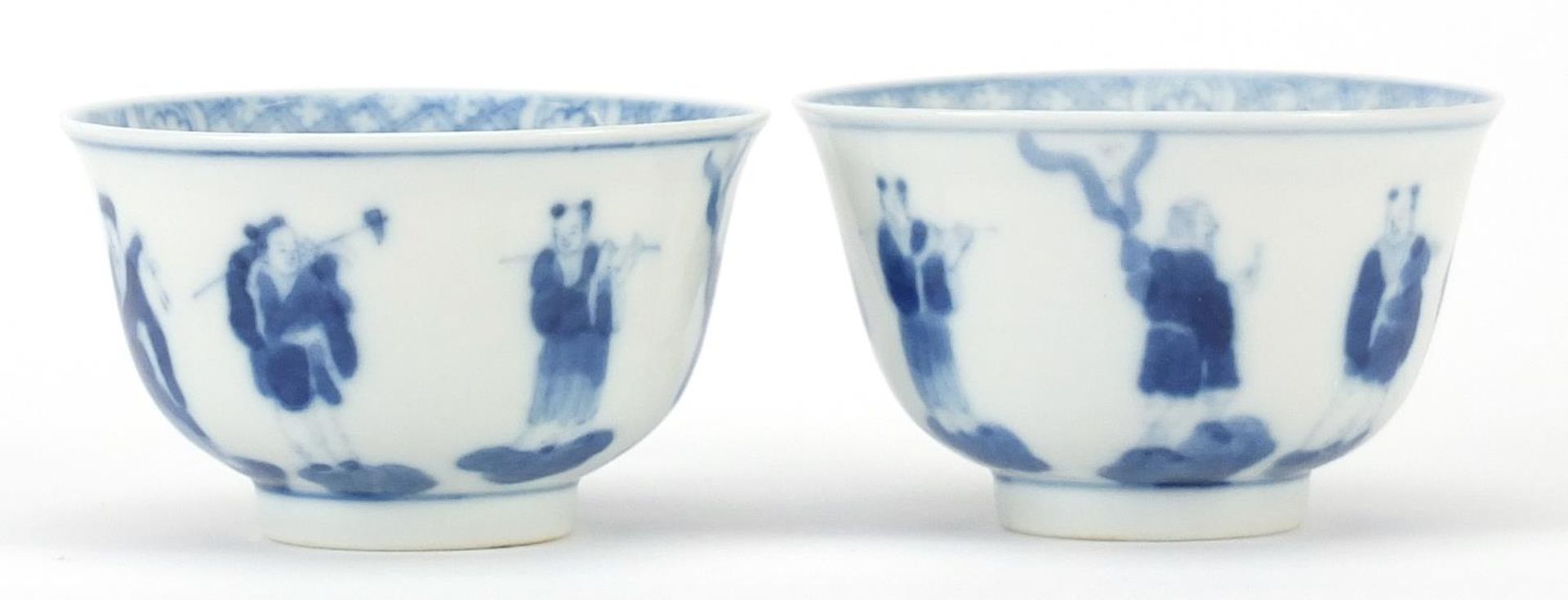 Pair of Chinese blue and white porcelain tea bowls hand painted with figures, four figure - Image 2 of 3