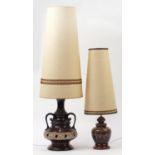 Two vintage West German Studio Pottery table lamps with shades, the largest 121cm high