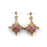 Pair of 9ct gold ruby star drop earrings, 2cm high, 2.0g