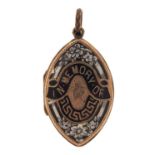 Victorian 9ct gold back and front enamel mourning locket, 3.4cm high, 7.8g