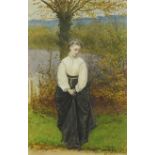 Portrait of a female before a landscape, Pre-Raphaelite school watercolour, mounted, framed and
