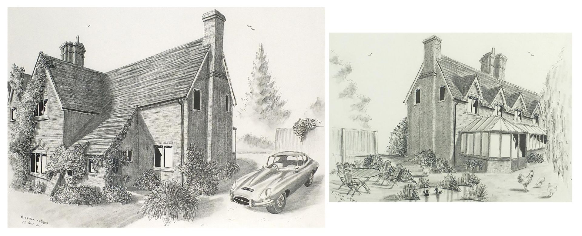 Broxham Cottages, pair of pencil drawings, each mounted, framed and glazed, the largest 57cm x 40.