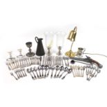 Metalware including silver plated cutlery, copper flagon, brass desk lamp and a decorative flintlock