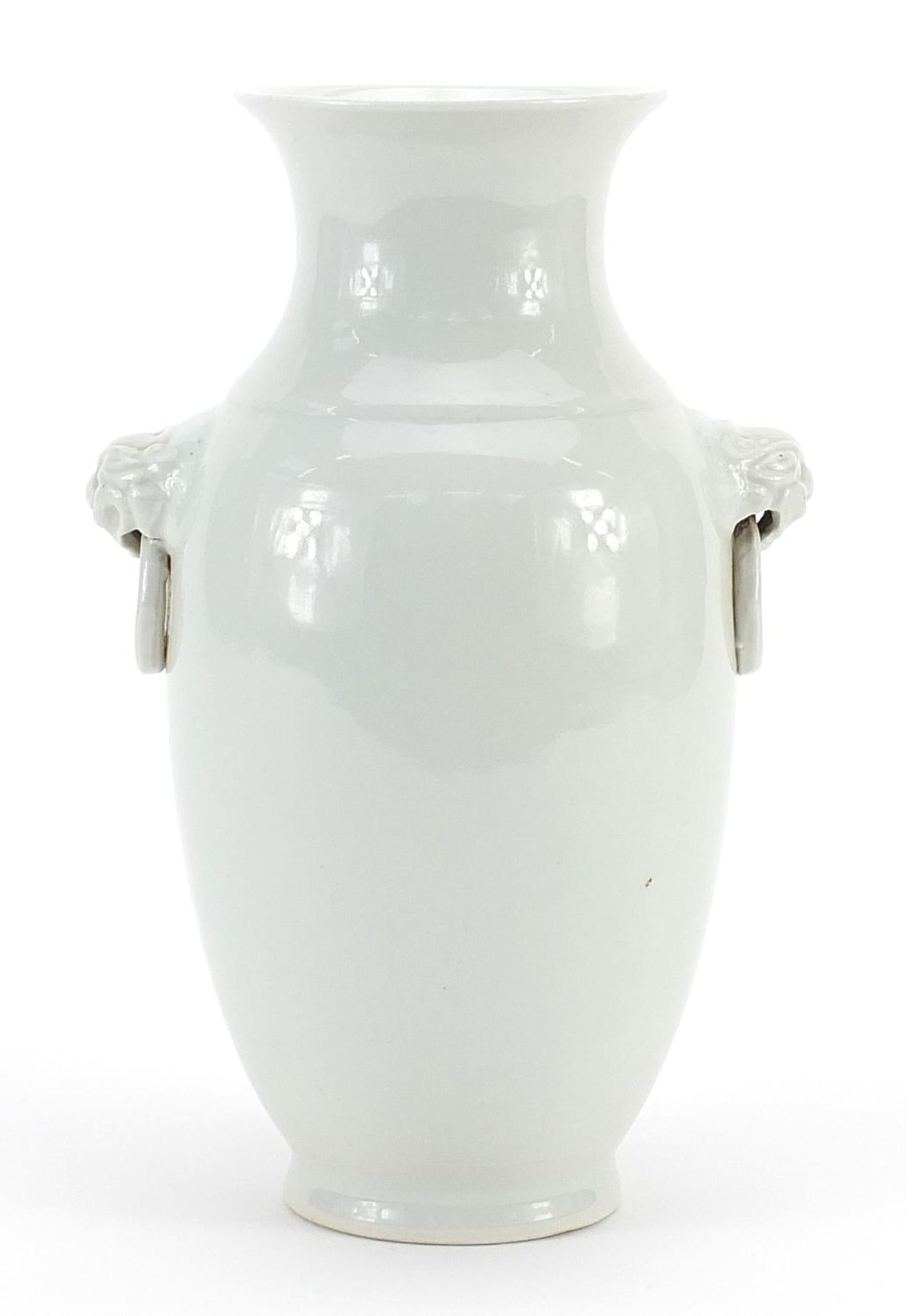 Chinese blue and white with iron red porcelain vase having animalia ring turned handles, hand - Image 2 of 3