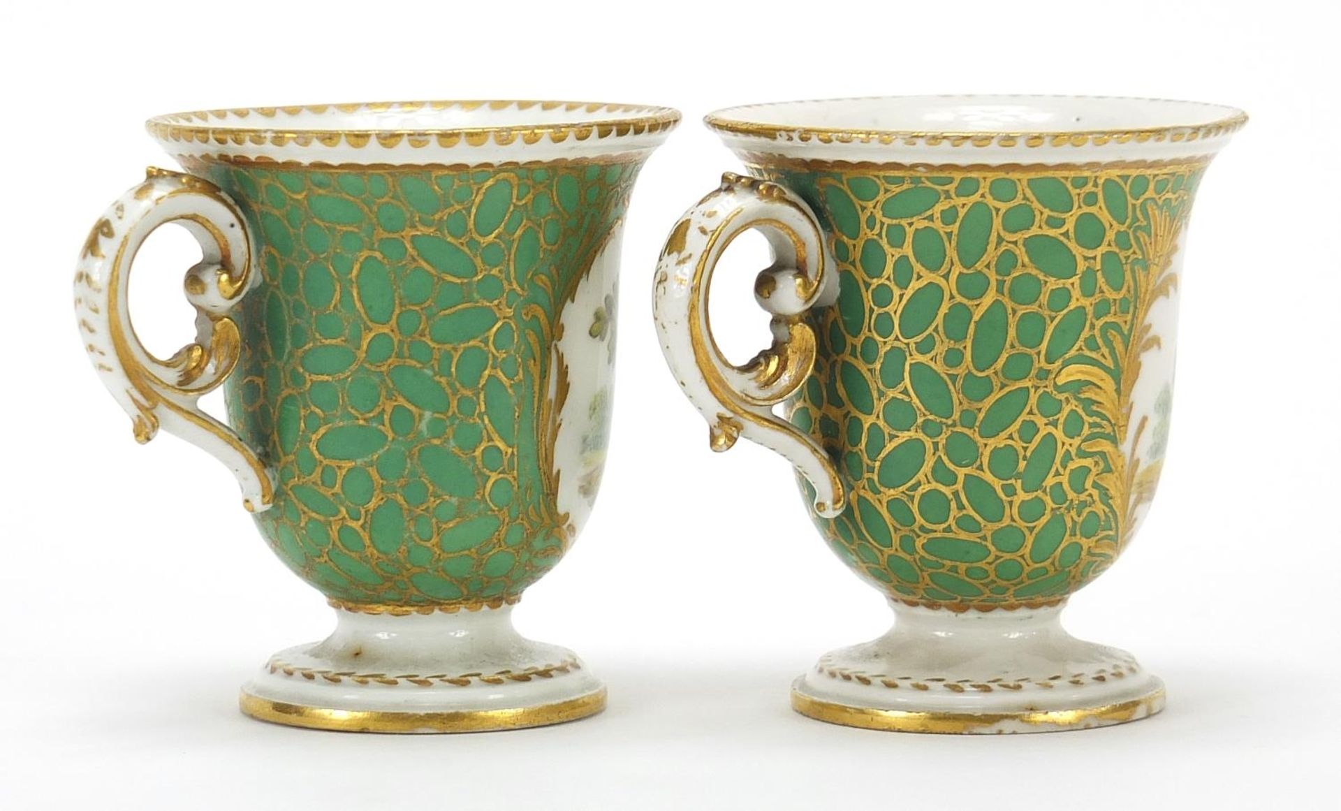 Pair of 19th century porcelain Sevres style custard cups hand painted and gilded with birds of - Image 2 of 3