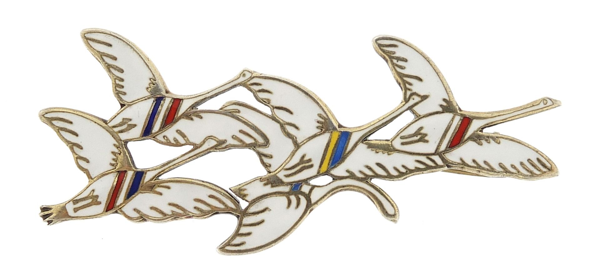 Erik Magnussen, Danish silver gilt and enamel brooch of five Nordic swans, 6cm wide, 10.8g