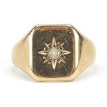 9ct gold white sapphire signet ring, size N, 6.2g