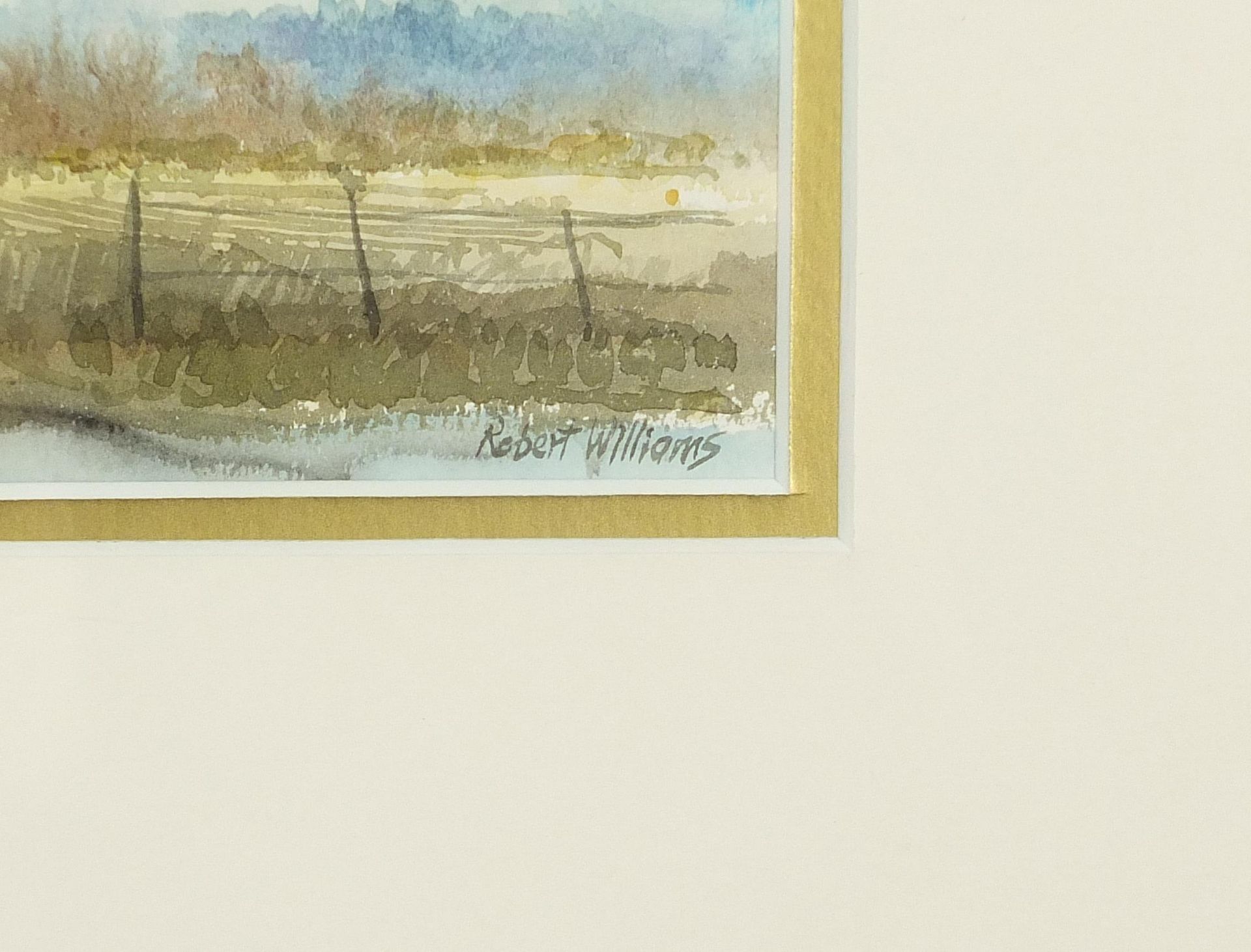 Robert Williams - Rural landscape, watercolour, mounted, framed and glazed, 18.5cm x 11.5cm - Image 3 of 4