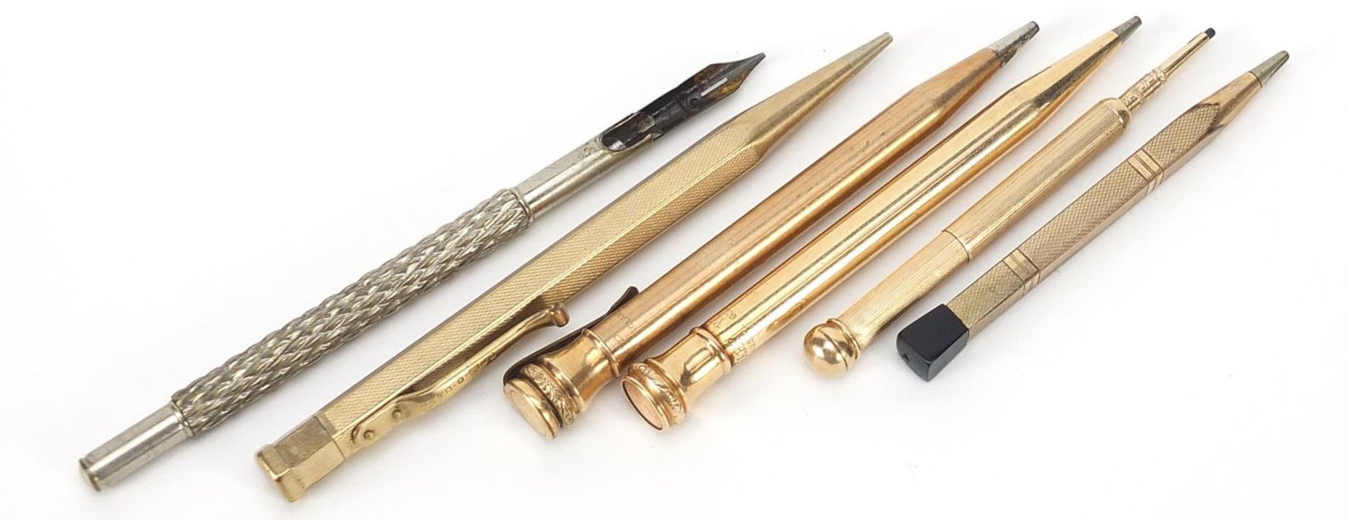 Five gold plated propelling pencils and a white metal dip pen, including Eversharp and Yard-O-Led - Image 2 of 4